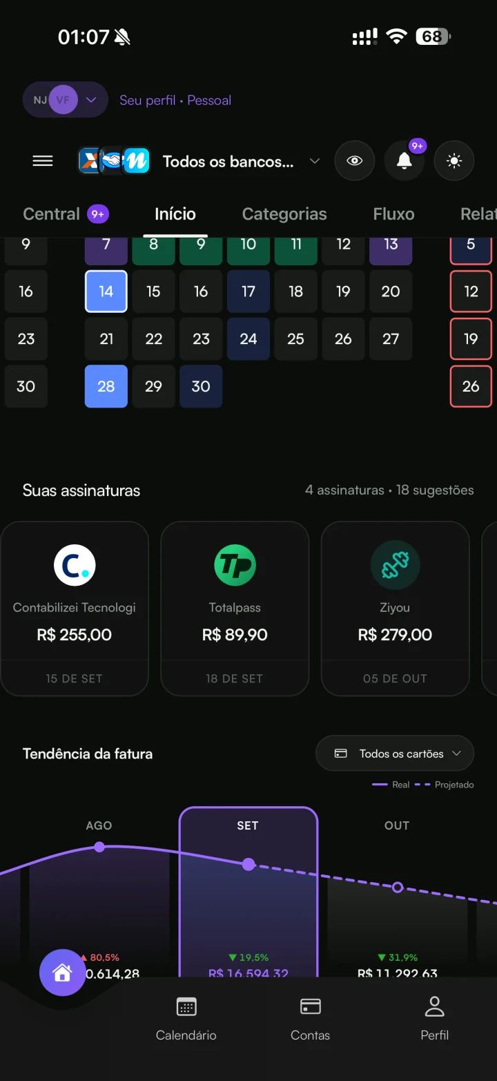 Tela Início do Calen com o calendário do mês, o resumo dos cartões e a tendência da fatura