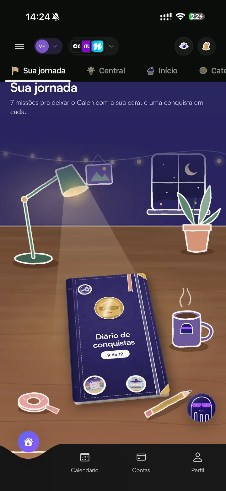 Diário de conquistas do Calen em cima da mesa, com 9 de 12 conquistas