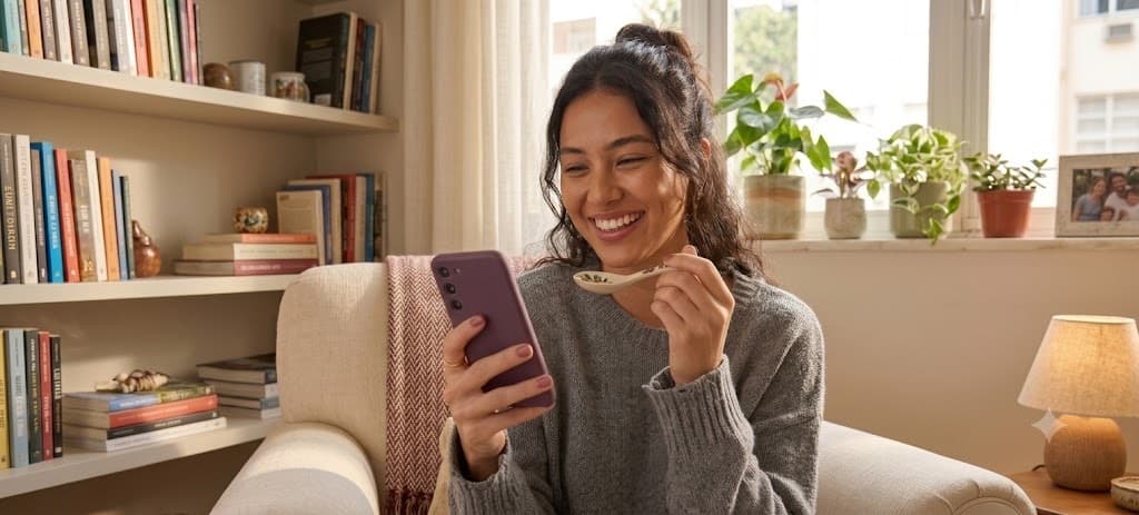 Pessoa tomando uma decisão com tranquilidade enquanto consulta o celular