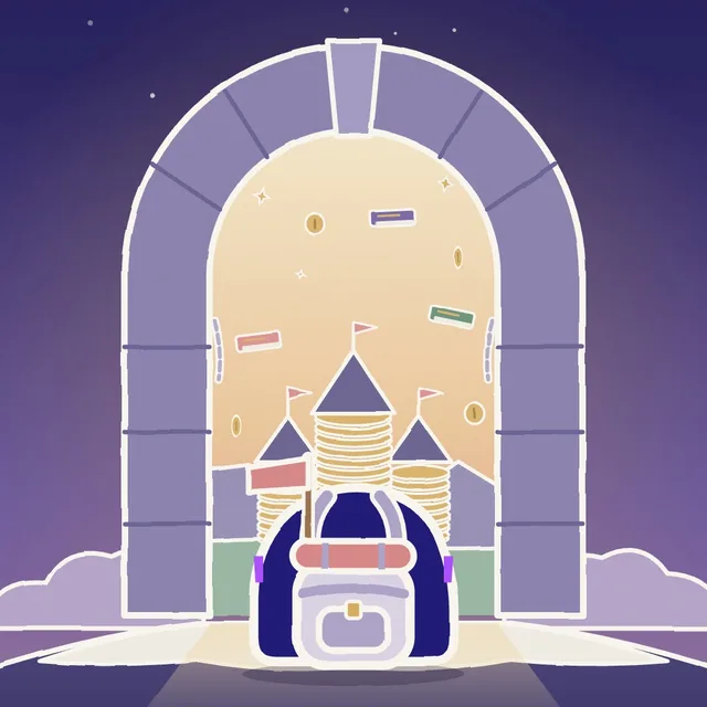 Portal da Vila das Moedas, o reino do Básico, com a mochila do polvo na entrada