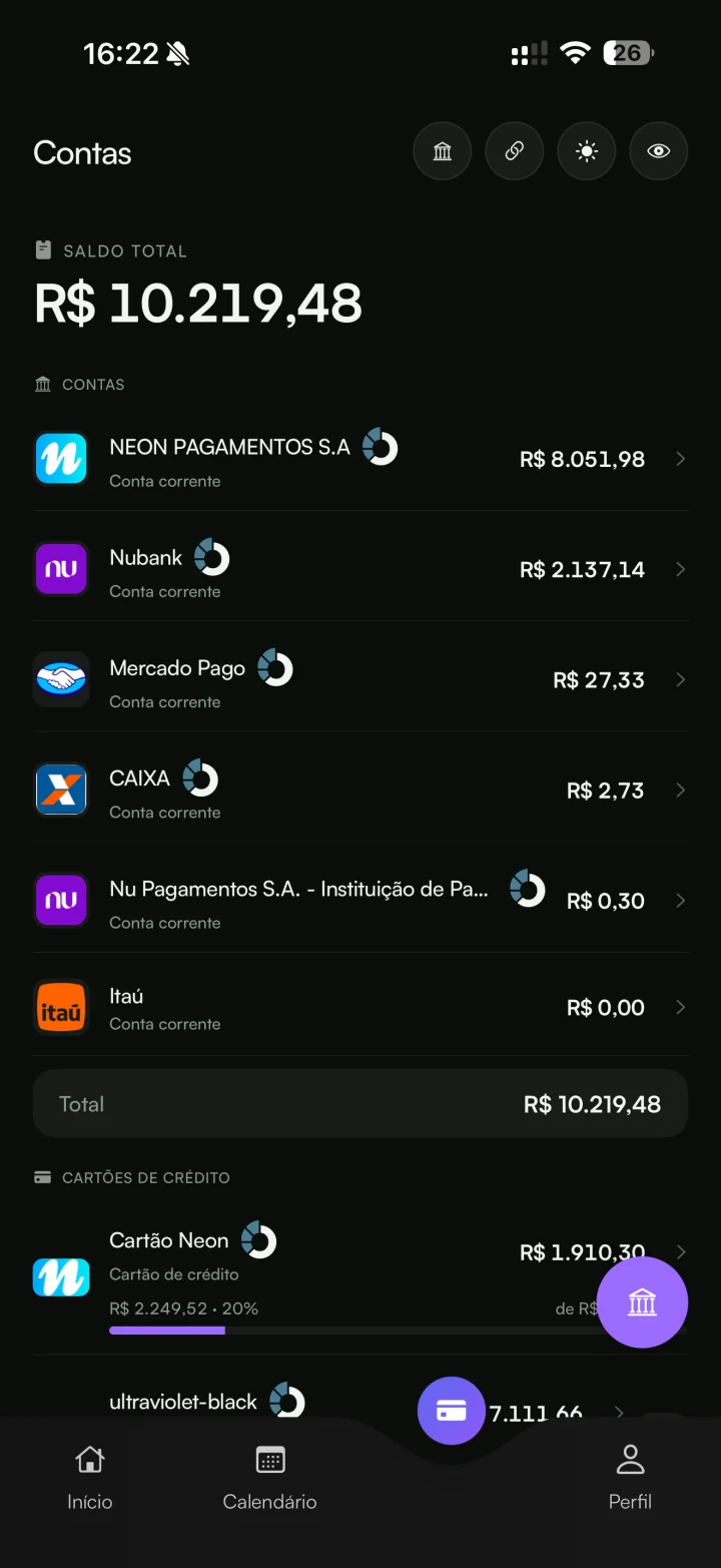 Tela de contas do Calen com vários bancos conectados e o saldo total