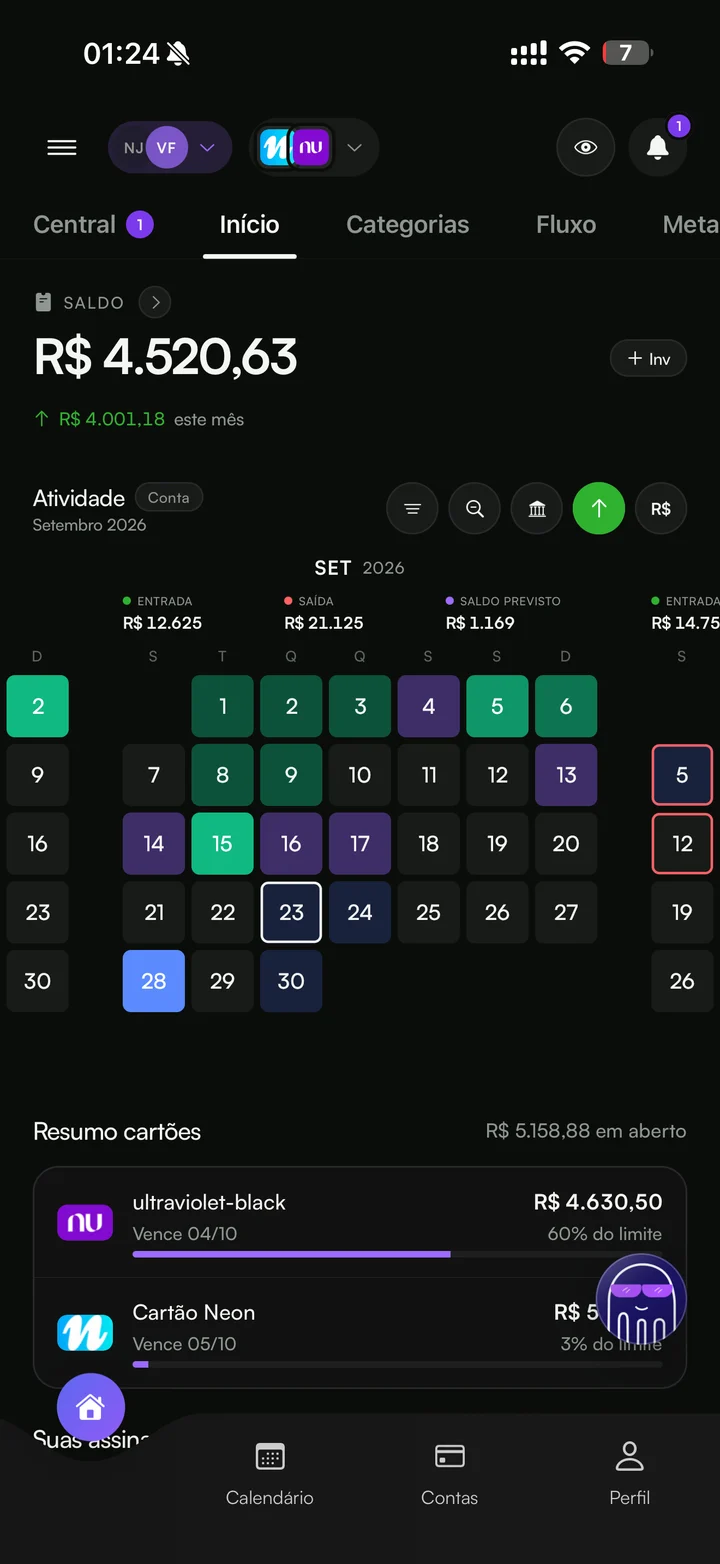 A tela Início do Calen no celular: saldo, o calendário do mês com saldo previsto e o resumo dos cartões